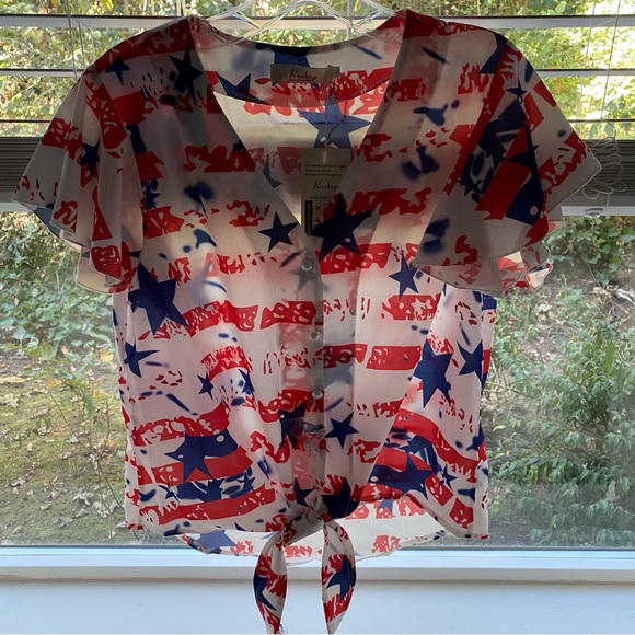 Woman’s Shorts Sleeve Button Down Tie Front Top~Patriot,USA,America,4th July,Etc - Picture 10 of 11